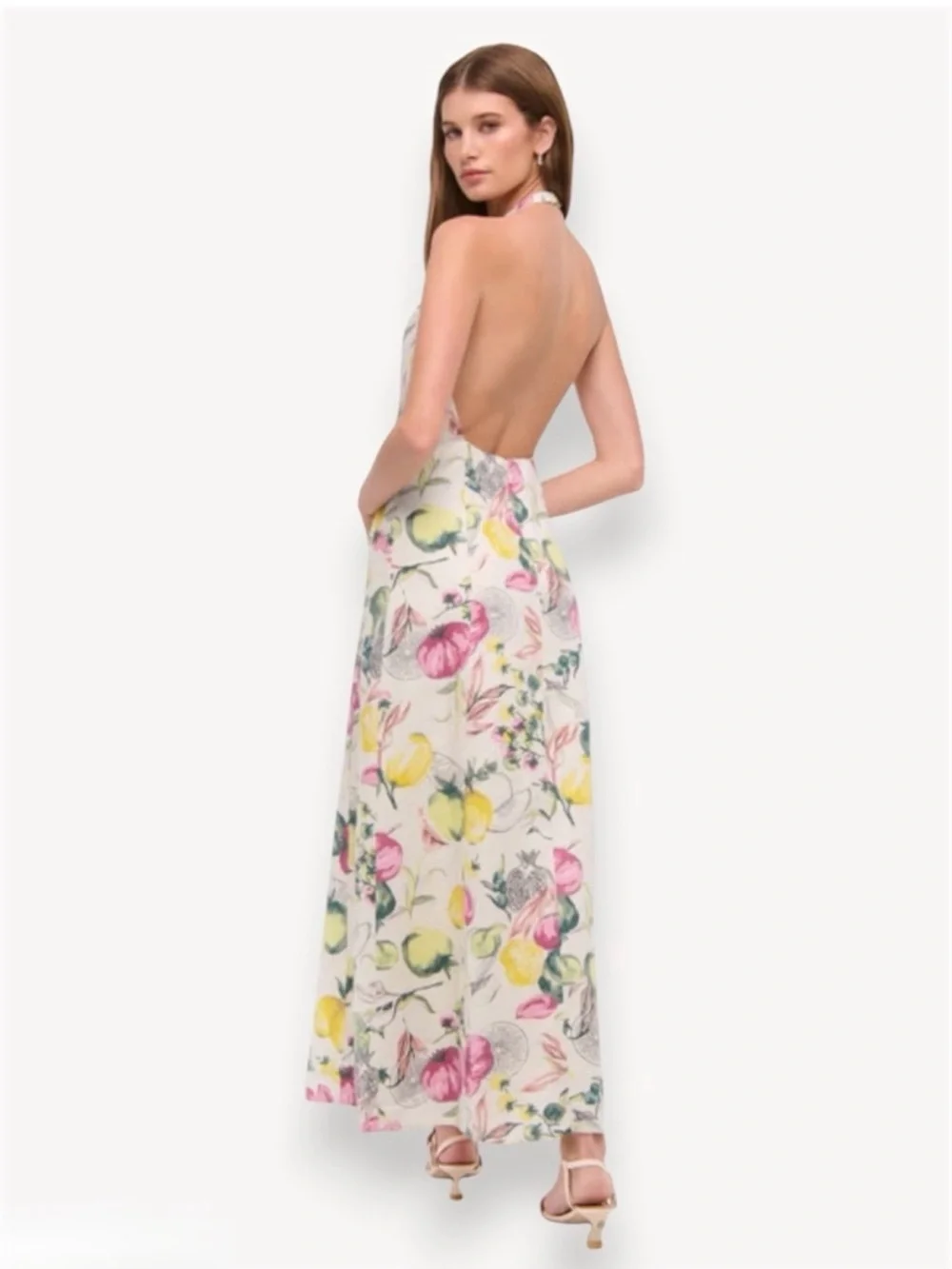 Abercrombie & Fitch 100% linen Halter-Neck Maxi Dress in Fruit & Veggie Print